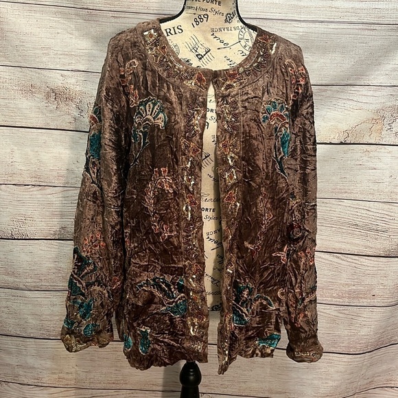 Chico’s Embroidered Beaded Statement Jacket Boho Velvet Sequins Chico’s 3 XL - Picture 1 of 10